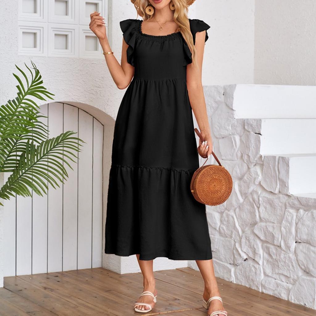 Women's Fashion Loose Fly Sleeve Square Neck Strapless Pleated Splicing Ruffle Hem Dresses
