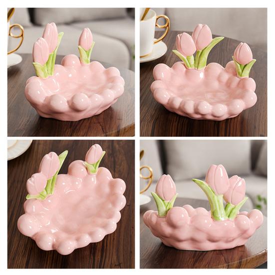 Keramická miska na klíče ve tvaru tulipánu Růžové květy Miska na šperky Dekorativní stolní organizér na šperky Hodinky Vstupní hala Ložnice Komoda