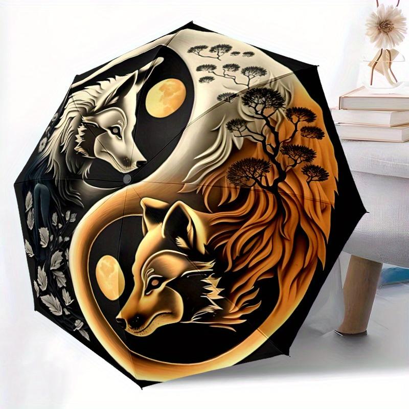 1pc Wolf Moon Compact Travel Umbrella, Automatic Folding Lightweight Windproof 8-Bone Reinforced Design, Portable for Backpack Durable Canop