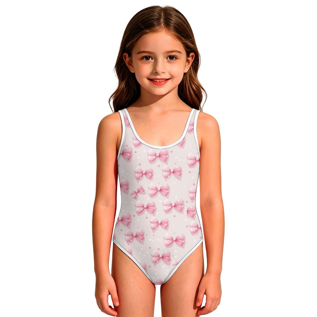 Costume da bagno intero per bambina Stampa con fiocco Scollo rotondo Senza maniche Costume da bagno Adatto per bambini e neonati Tessuto leggero ad asciugatura rapida