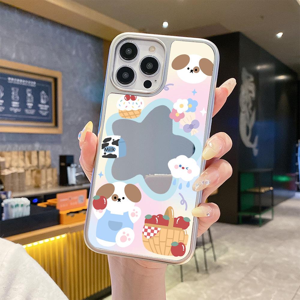 Ins Wind Soft Cute Feeling Apple Puppy Mobile Phone Case iPhone15 Makeup Mirror 16 Cute Mirror Apple 17pro