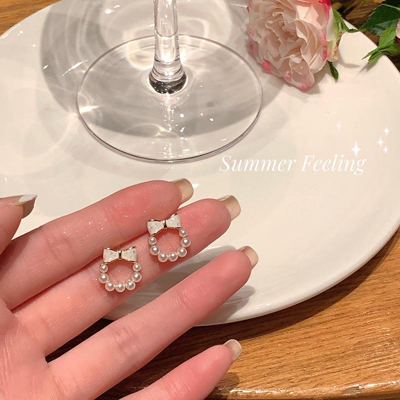 Elegant Pearl Bow Stud Earrings for Women - High-End Korean Style, Fairy Design