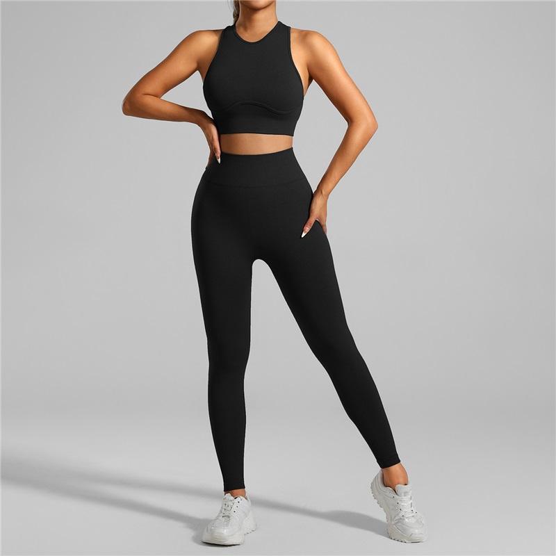 European And American Style Women's Tight-fitting Seamless Yoga Clothes 2 Piece High-intensity Running Fitness Sports Threaded Vest Trousers Suit