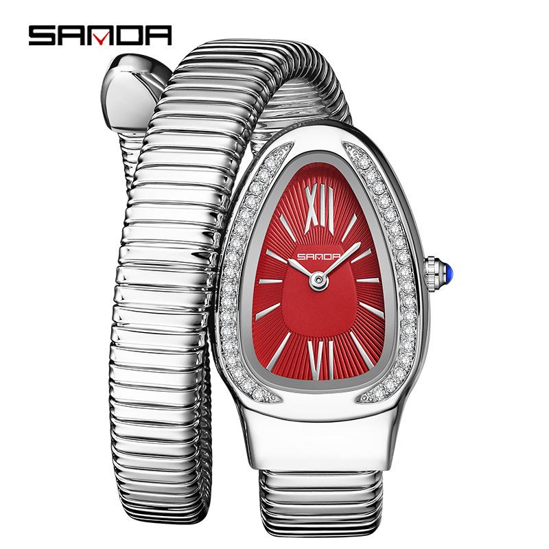 SANDA Women's Luxury Snake Head Bracelet Watch with Roman Mother-of-Pearl Dial, Diamond Accents, English Two-Hand, 30M Water Resistant.