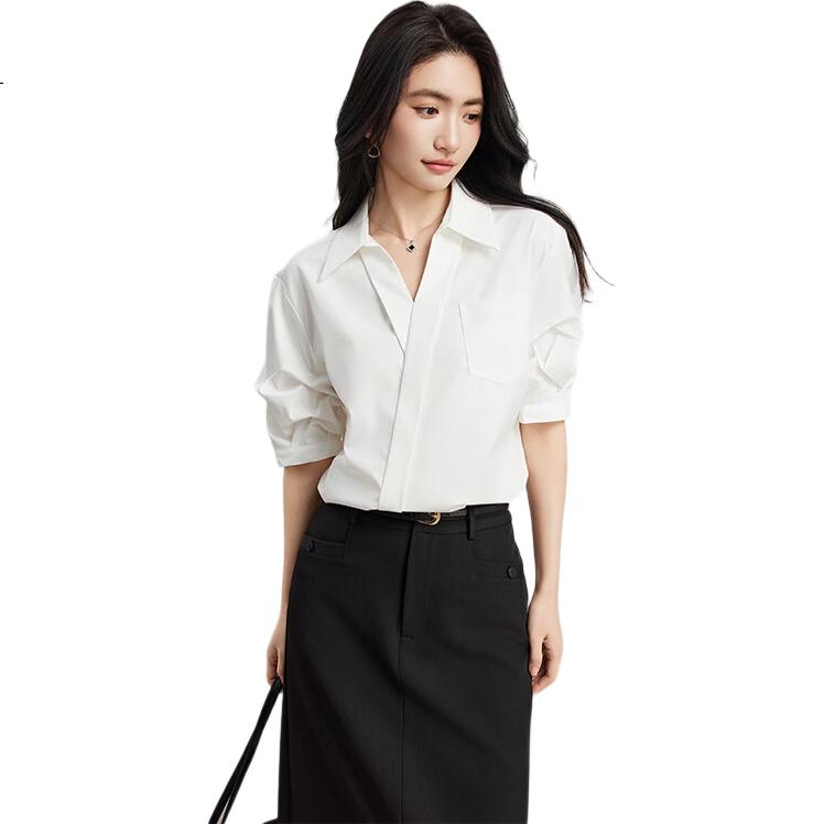 Bodexiaojie Blue Stylish Luxury V-Neck Shirt for Women, Summer Commute Daily Short-Sleeve Top, Professional Petite Interview Blouse