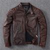 Mens Vintage Distressed Brown Faux Leather Jacket Stand Collar Casual Biker Style