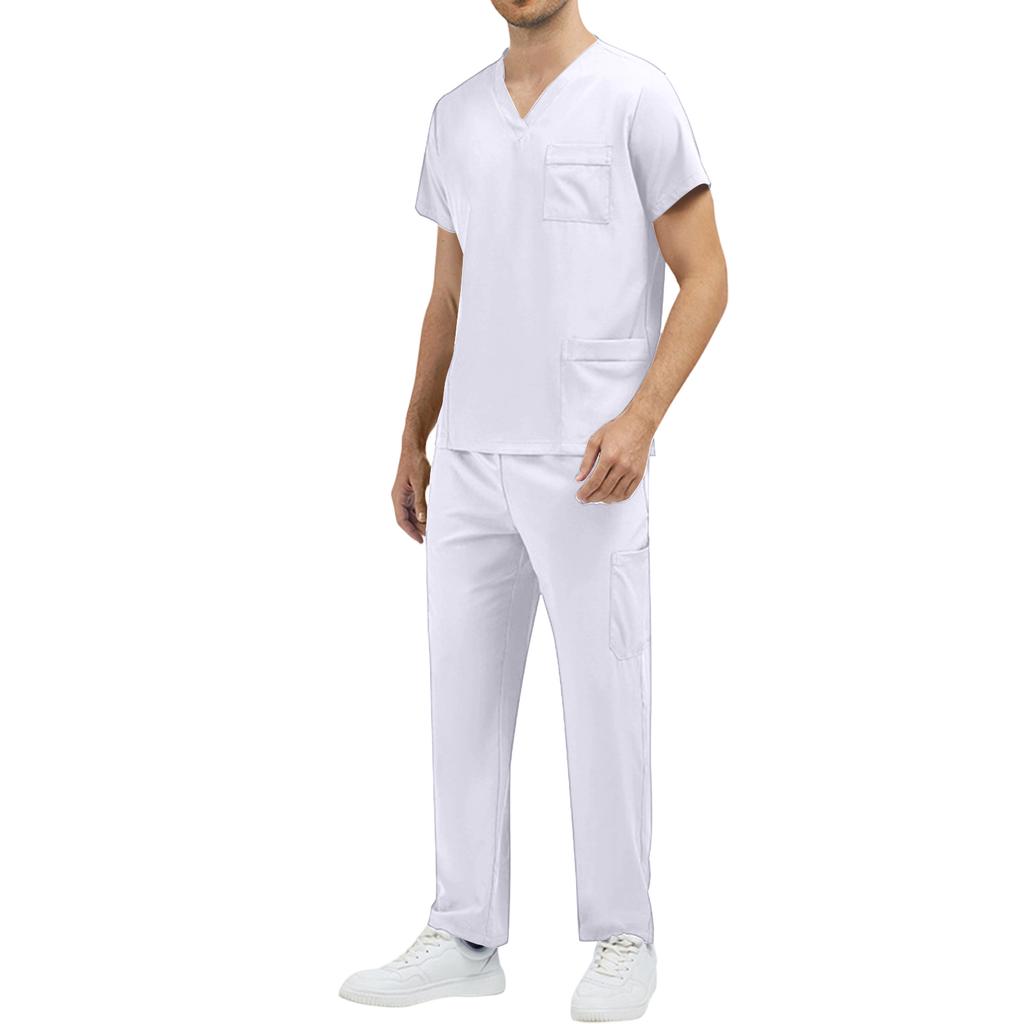Men’s V Neck Short Sleeve Scrub Set Two Piece Uniform with Chest Pocket and Straight Leg Pants for Medical Work