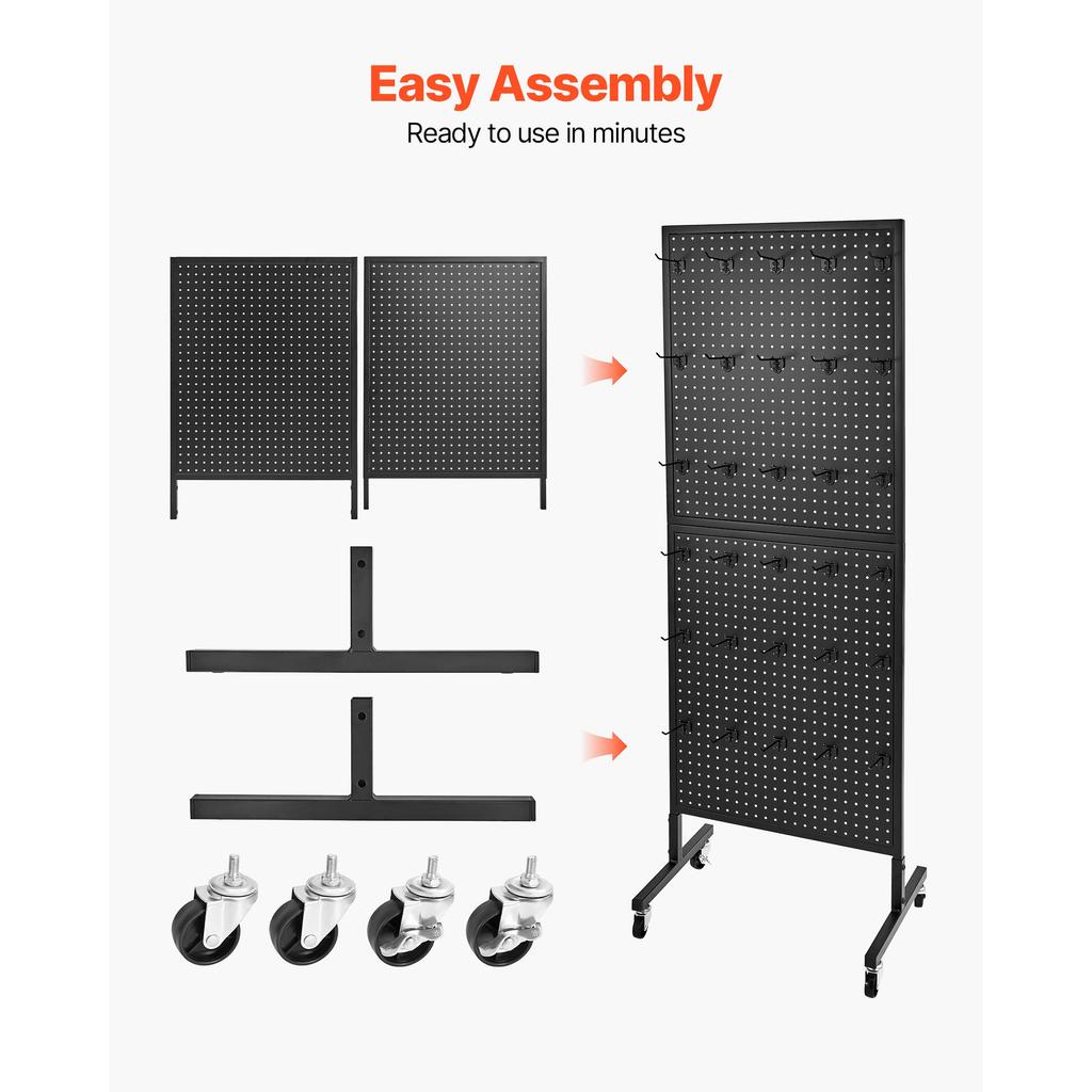 SucceBuy Standing Pegboard Display 23.6 X 63 In W/ Swivel Casters and 30 Hooks Thickened Cold-Rolled Steel Peg Board Panel Black