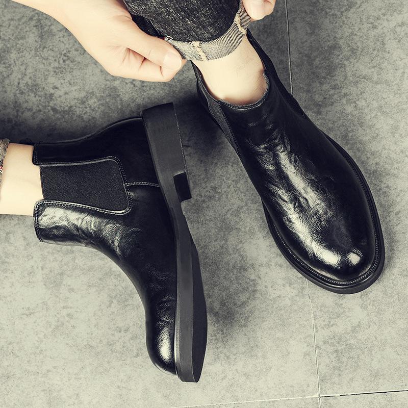 Autumn WinterNew Chelsea Men's Boots British Retro Style Solid-Color Anti-slip Soft Leather Men's Shoes Mid-top Ankle Boots
