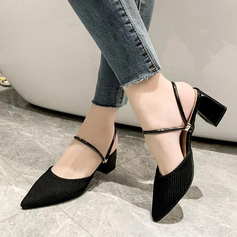 Fashion 2024 New Summer Sandalias De Mujer Casual Pointed Toe Thick High Heel Two-wear Mules Slippers Solid Color Half Slides Shoes