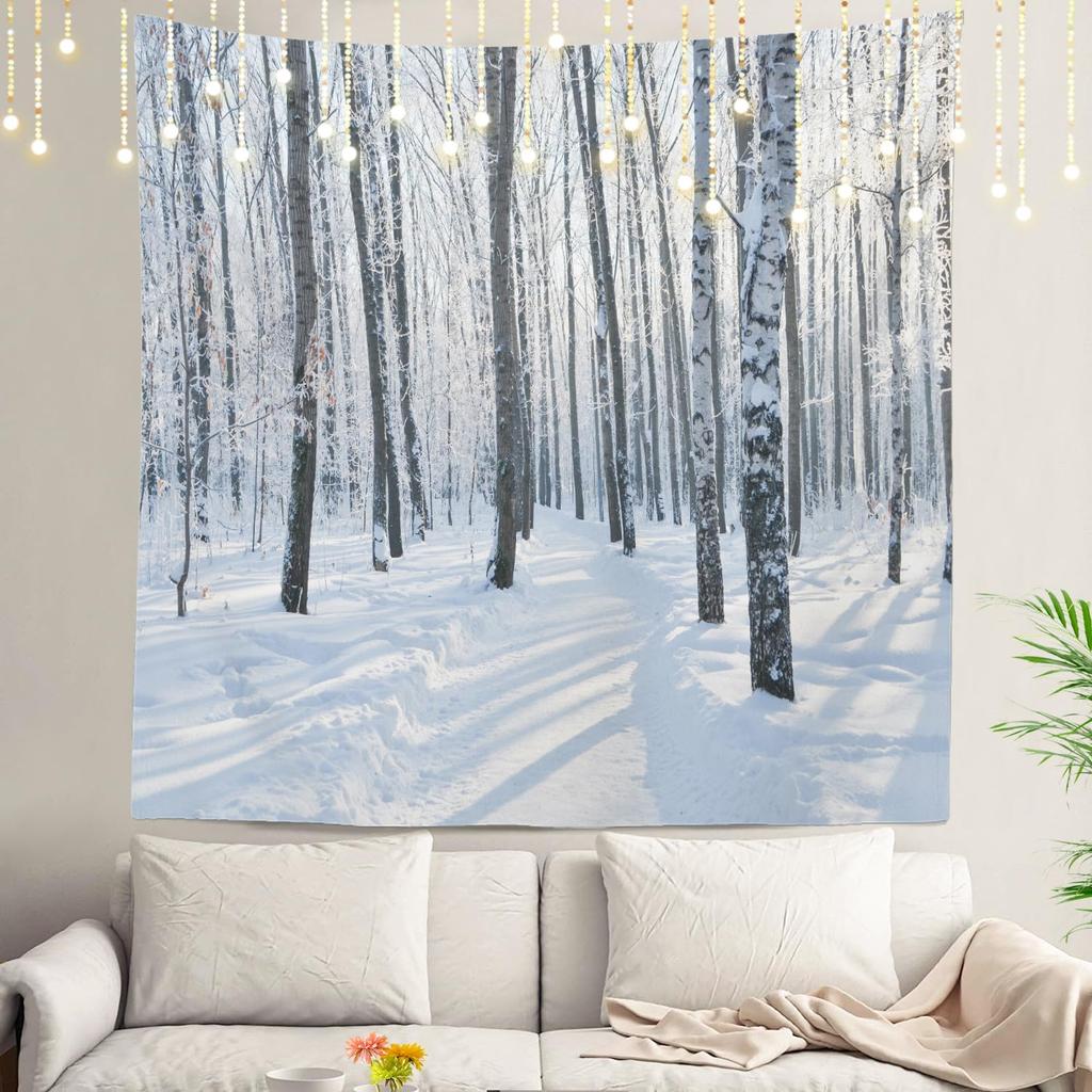 White Snow Wall Tapestry, Grey Wall Hanging Large Tapestry Decoration Polyester Fiber White Hem Around for Dorm Room Bedroom
