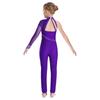Leotard a corpo intero da ragazza con inserti in rete trasparente, design asimmetrico con cut-out, collo alto, strass scintillanti, costume da ginnastica e danza