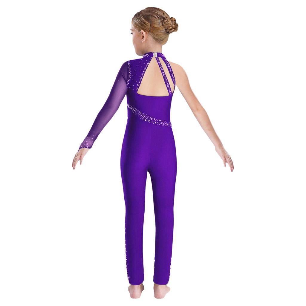 Leotard a corpo intero da ragazza con inserti in rete trasparente, design asimmetrico con cut-out, collo alto, strass scintillanti, costume da ginnastica e danza