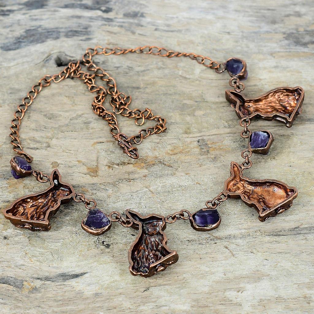 African amethyst rough gemstone necklace electroformed copper adjustable chain necklace rabbit necklace handmade copper jewelry gift for her