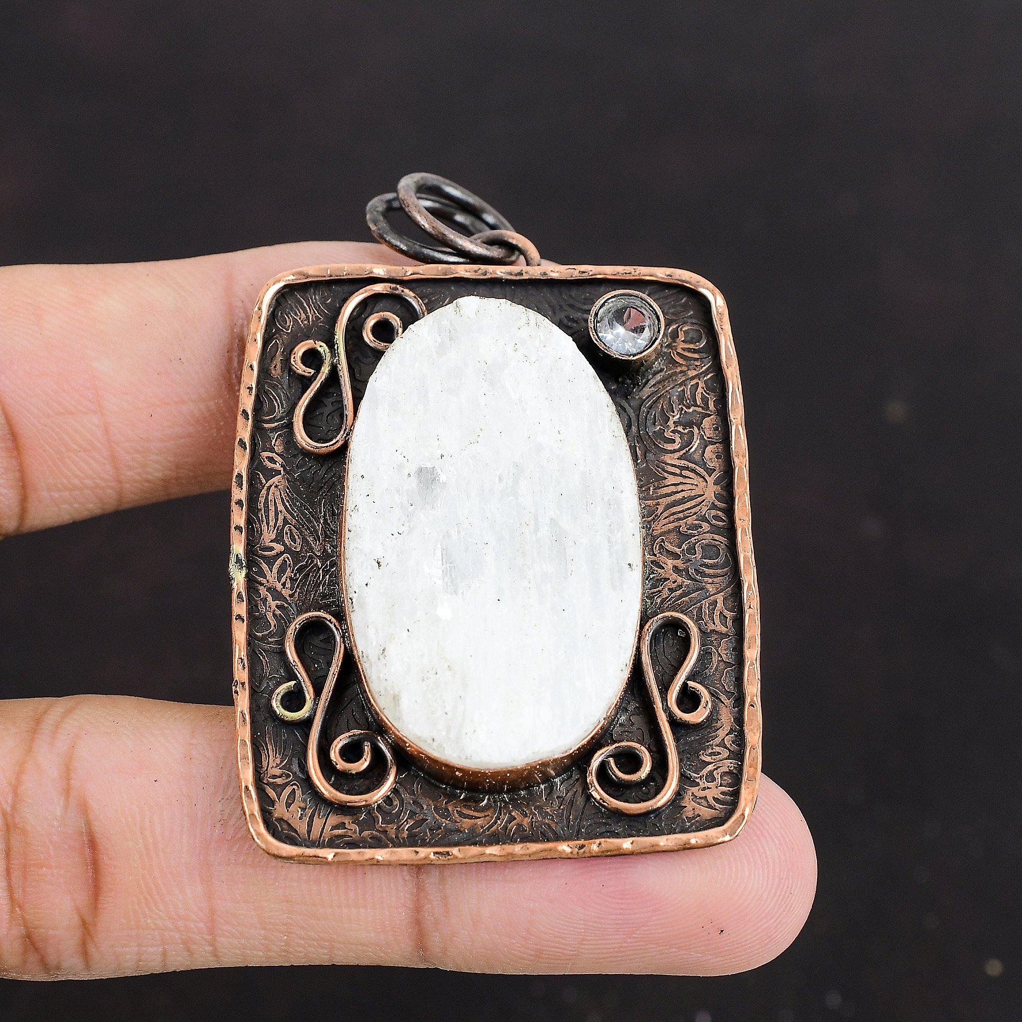 

Selenite Druzy Pendant White Topaz Pendant Copper Pendant Natural Gemstone Pendant Latest Design Pendant Handmade Copper Jewelry For Mother