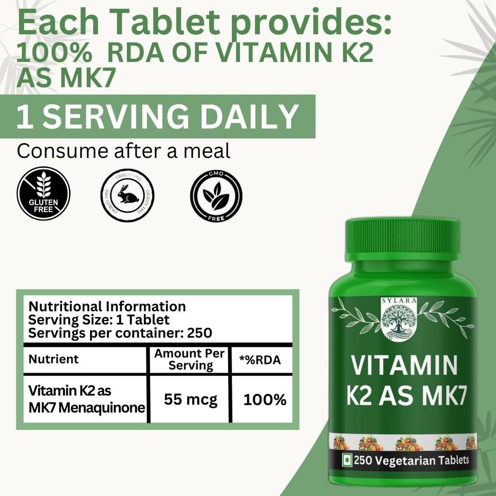 SYLARA Vitamin K2 MK7 Menaquinone - 250 Tablets Capsules Supplements