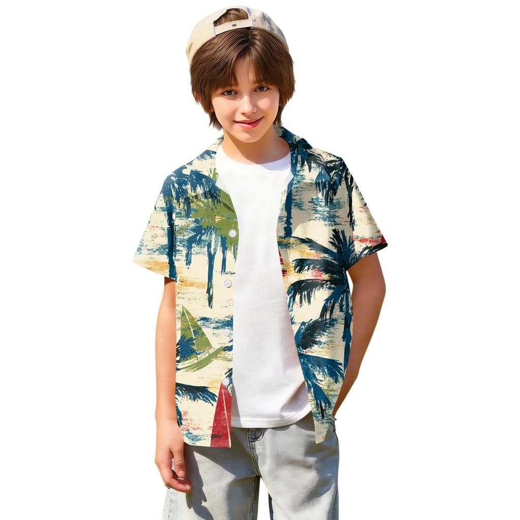 Jungen kurzärmeliges Hawaiihemd, Kinder Sommer Hemd mit Knöpfen