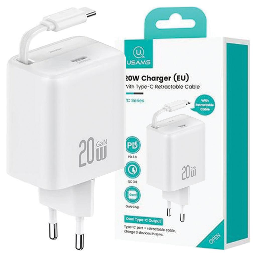 USAMS Land. Network. 1Xusb-C With Retractable Usb-C Cable Retractable Pd+Qc 20W Gan Fast Charging White/White Yc Series Cc233Tc02 (Us-Cc233)