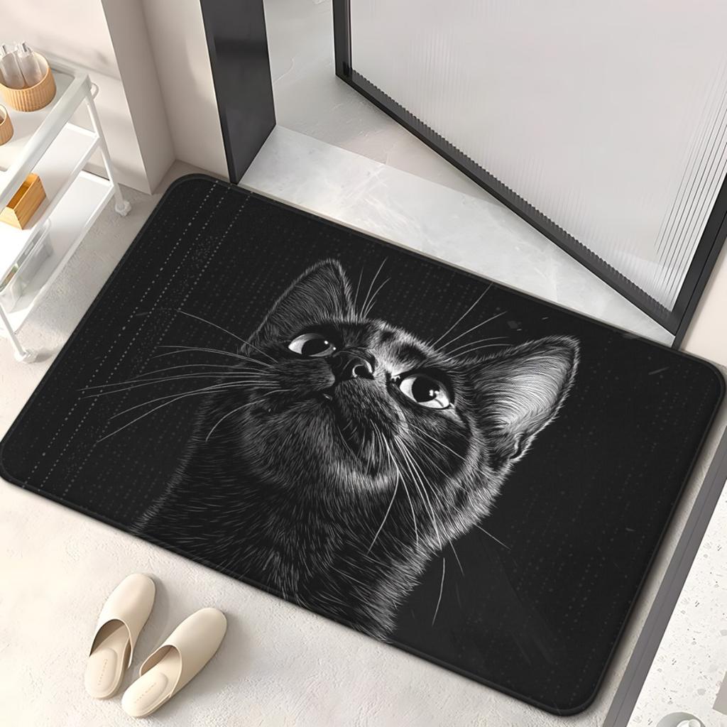 1pc Black Cat HD Printed Non-Slip Door Mat – Microfiber Absorbent, Machine Washable Polyester Rug for Bathroom, Bedroom, Living