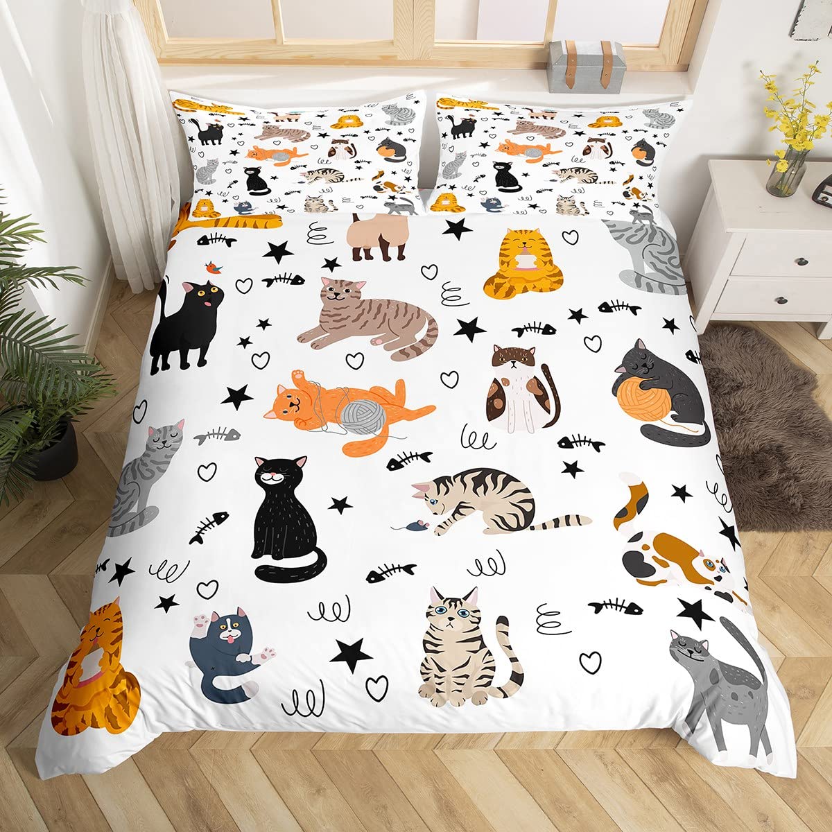 

Девочки Каваи Постельное белье с котиками Полный Квин, Милый котенок Пододеяльник Мультяшный Пододеяльник Красочные цветы Растение Покрывало EU Single(135x200cm)