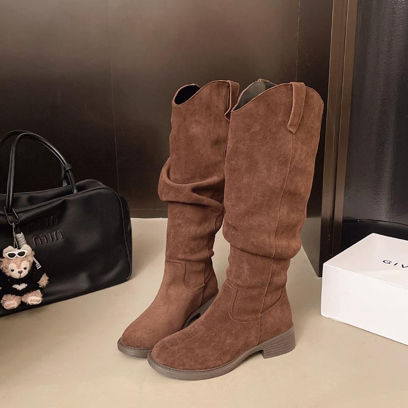 Vintage Maillard Thick-heeled Western Cowboy Boots 2025 Autumn New Temperament Versatile Round Head Tall Knight Boots Women