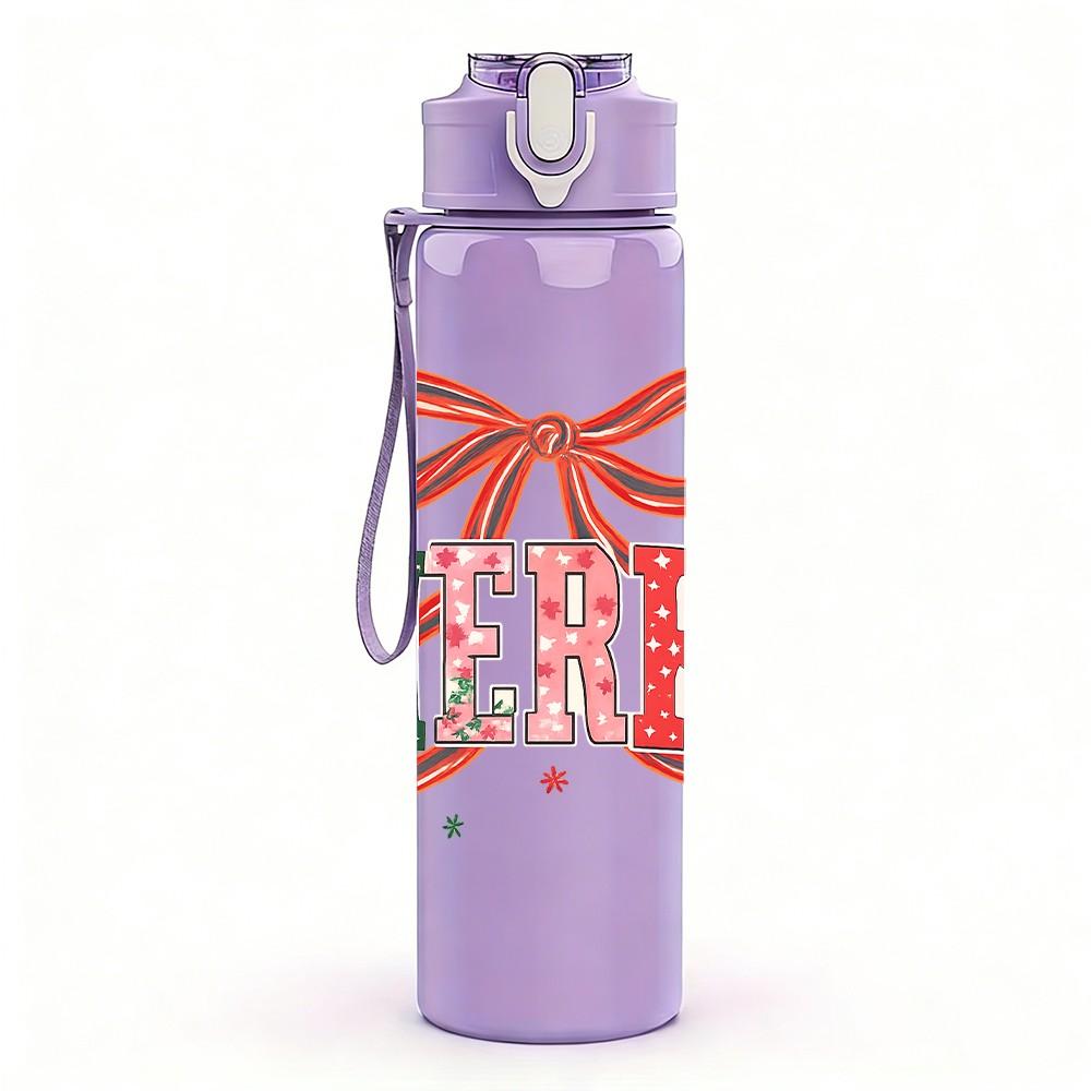 1PC Merry Red Bow Letter Print 750ml Color Plastic Sports Water Bottle Leakproof Flip Straw Lid Suitable for Sports Office Home Use
