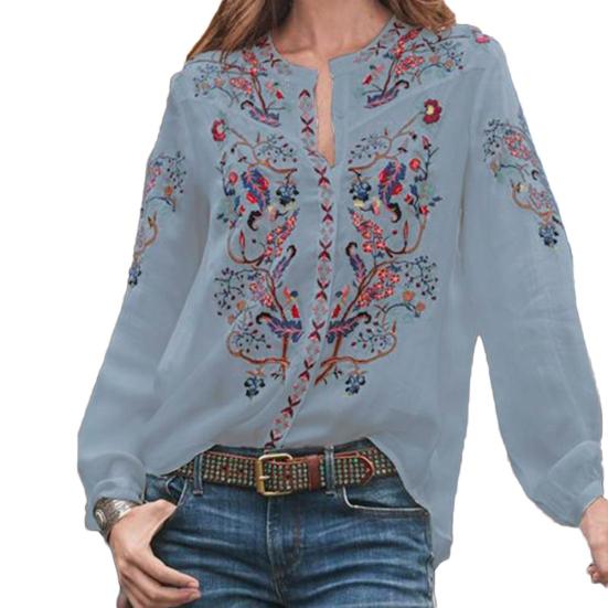 Vintage Women O Neck Long Sleeve Floral Print Pullover Loose Plus Size Shirt