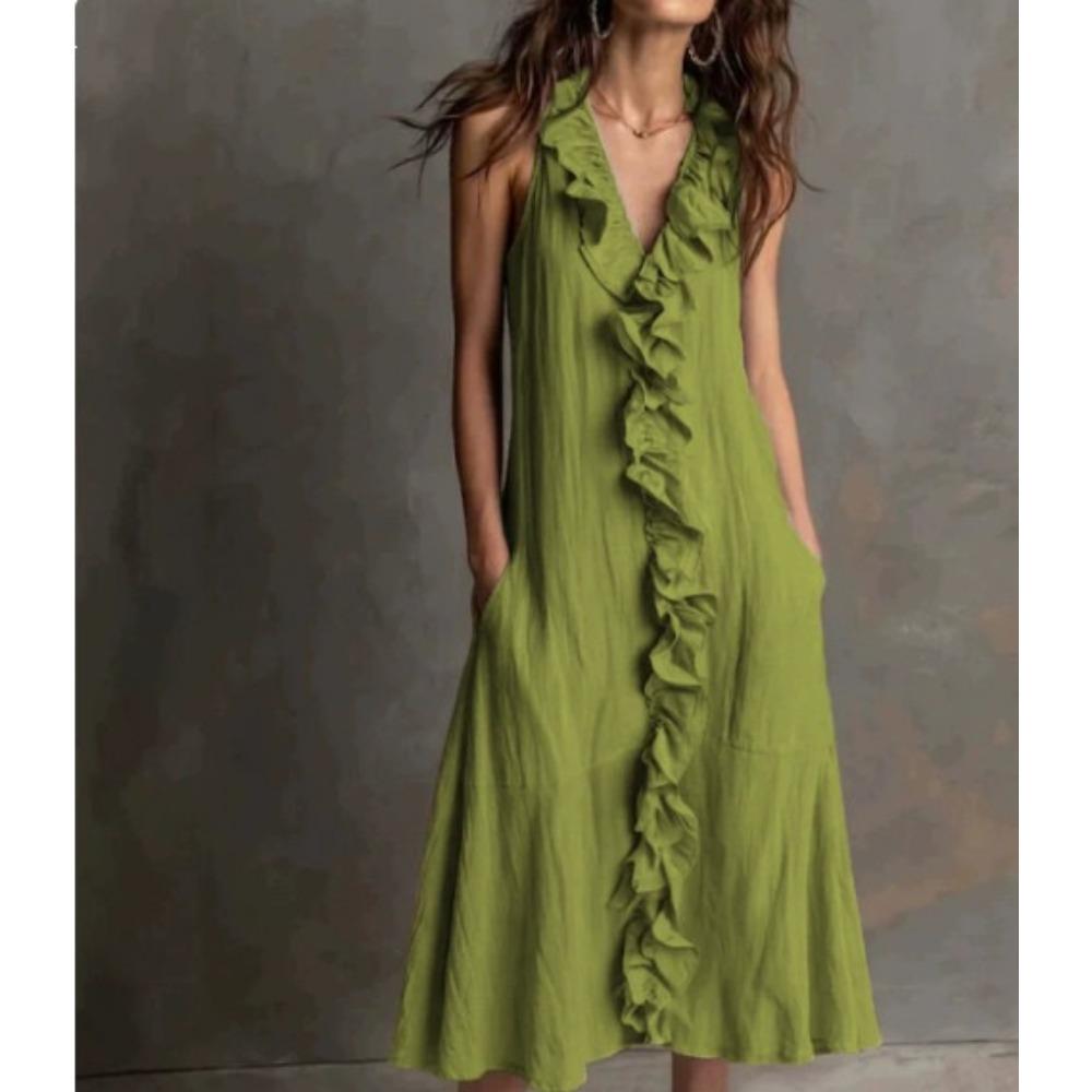 Spring and summer new women's new solid color sleeveless V-neck ruffle edge dress