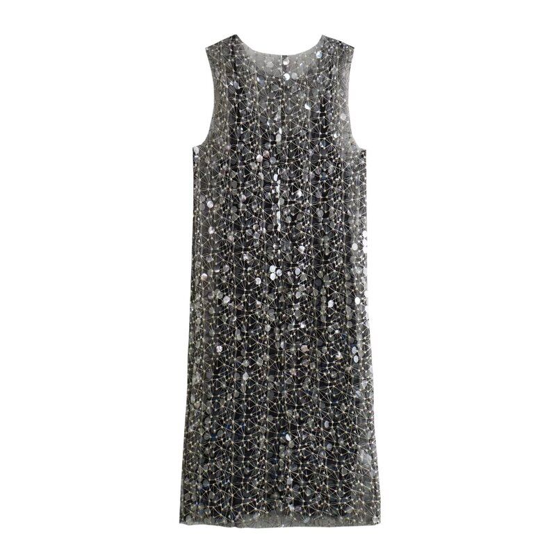 Fashion Style Winter New Women's Clothing Stylish Beads Decoration Sleeveless round Neck Midi Skirt Dress 7901454 302