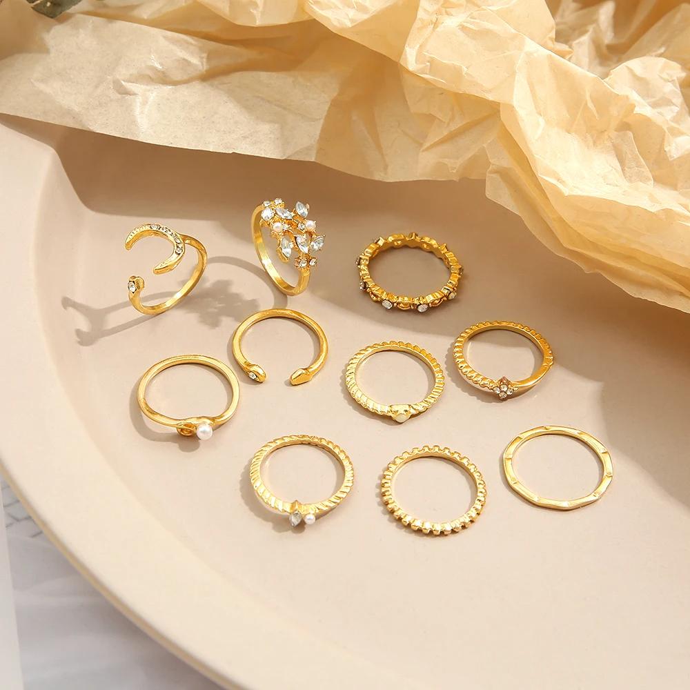 10 Pcs Rings Suit For Women Gold-color Chain Ring Set Bohemian Style Coin Snake Moon Star Party Trend Gift Zircon