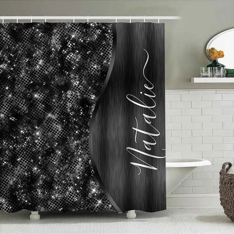 Black Sequin Shower Curtain For Bathroom Decor Shiny Sparkly Fabric With Personalized Name Modern Stylish Decorative Bath Mat Co