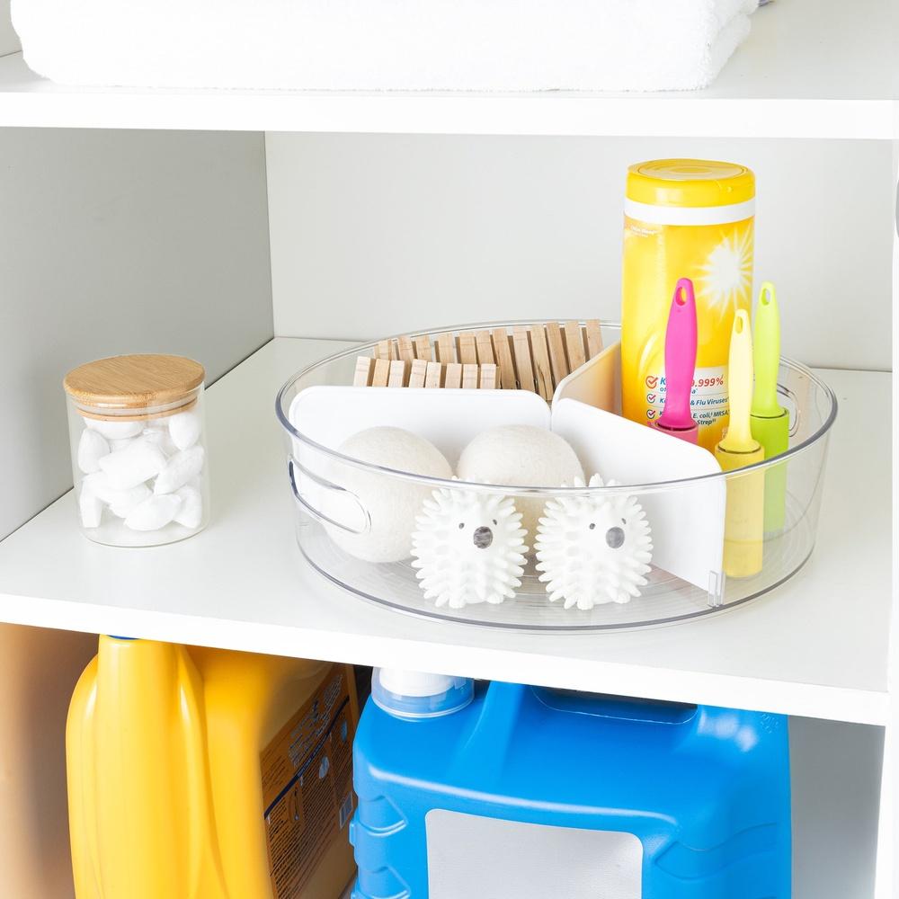 Clear Lazy Susan Turntable with Removable Dividers Storage Solution Kitchen Bathroom Laundry Room Organization Easy Carry Handle