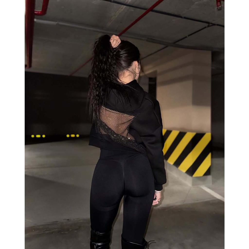 Autumn and Winter New Women's Fashion Solid Color Backless Hollow Mesh Hooded Sweatshirt Sweatshirt