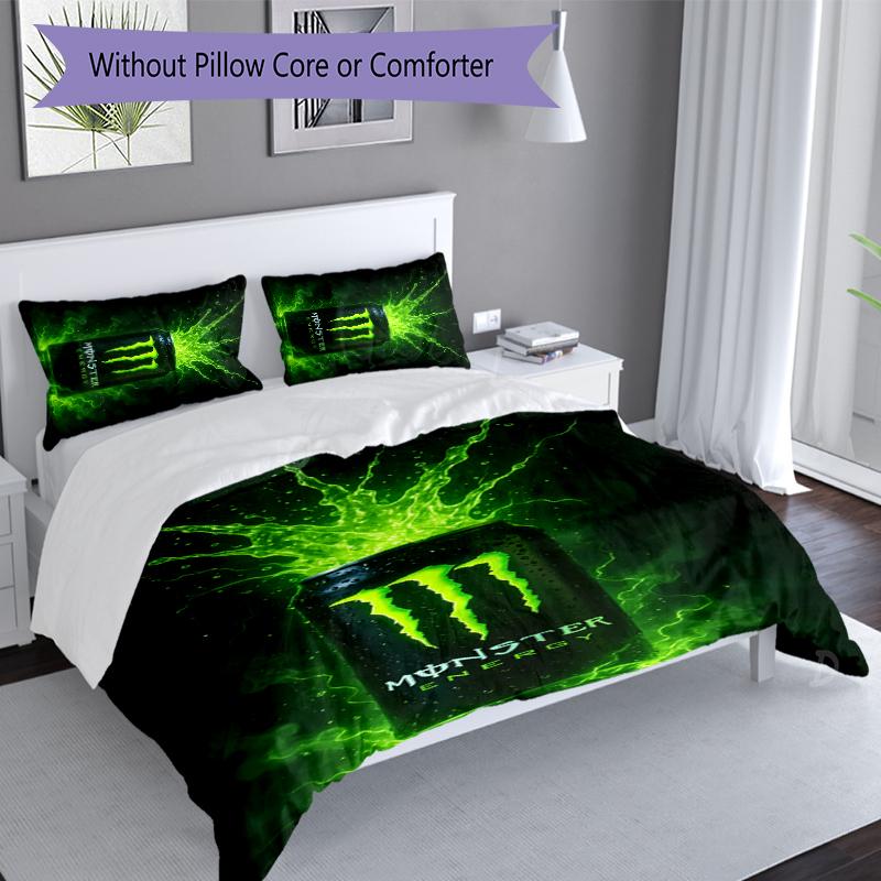 3pcs Monster Energy LOGO Duvet Cover Set, Includes 1 Duvet Cover and 2 Pillowcases,Skin-Friendly&Comfortable Fabric,Suitable Bedding Sets