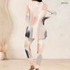 Women Plus Size Round Neck Long Sleeve Printed Longline Top Fitted Pants Two Piece Set White Blue Green