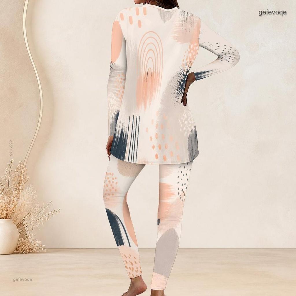 Women Plus Size Round Neck Long Sleeve Printed Longline Top Fitted Pants Two Piece Set White Blue Green