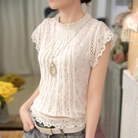 Plus Size Women Fashion Lace Crochet Short Sleeve Round Neck Blouse Shirt Top