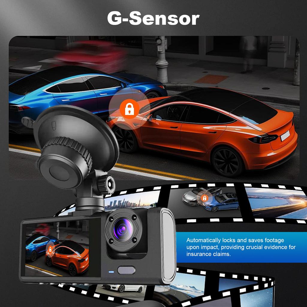 1080P Dash Camera Front and Rear Inside 3 Channel Car Camera 170 Wide Angle Car Dashboard Camera Recorder