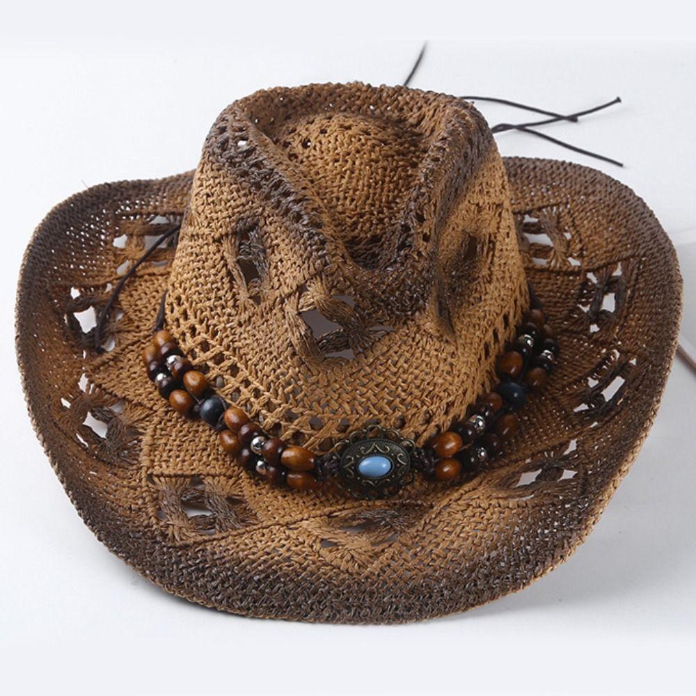 Beads Western Cowboy Hat Wide Brim Cowgirl Visor Cap Classic Sun Hat Travel