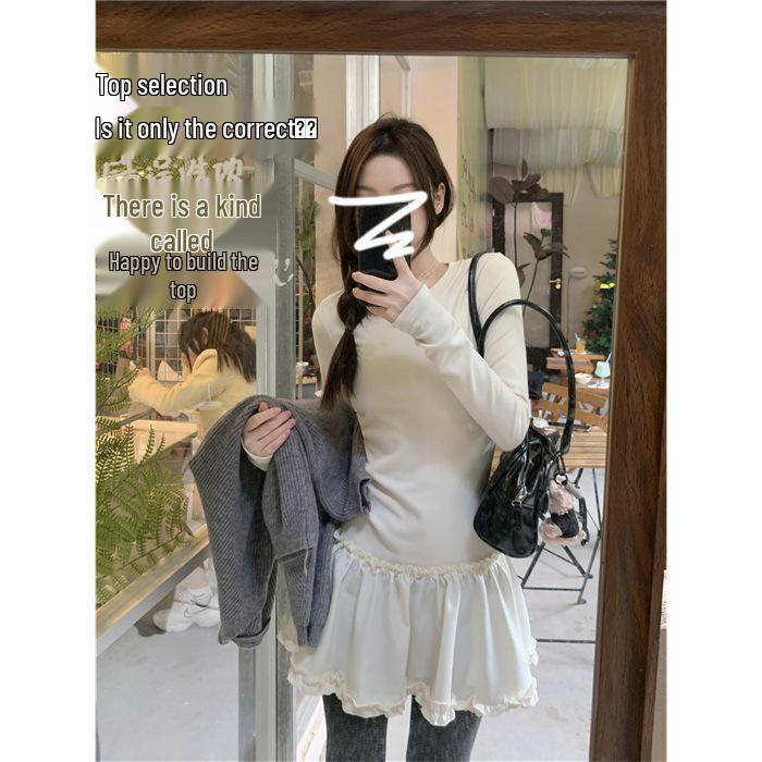 DeRong 2025 Autumn/Winter Women s Lace Trim Slim Fit Long Sleeve T-shirt Large бежевый