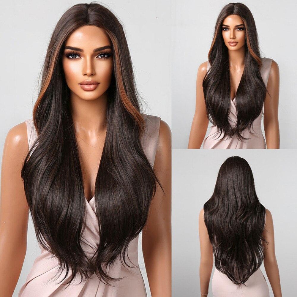 ALAN EATON Brown Highlight Wave Wig Long Synthetic Hairline Lace Wigs Natural Looking Heat Resistant Fiber for Women Party Daily