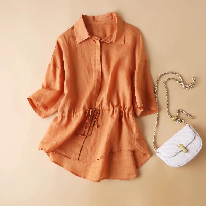 

QICED Рубашка с коротким рукавом женская летняя свободная художественная простая талия талия маленькая рубашка хлопок лен свободная зарубежный стиль повседневный топ прилив XXXL