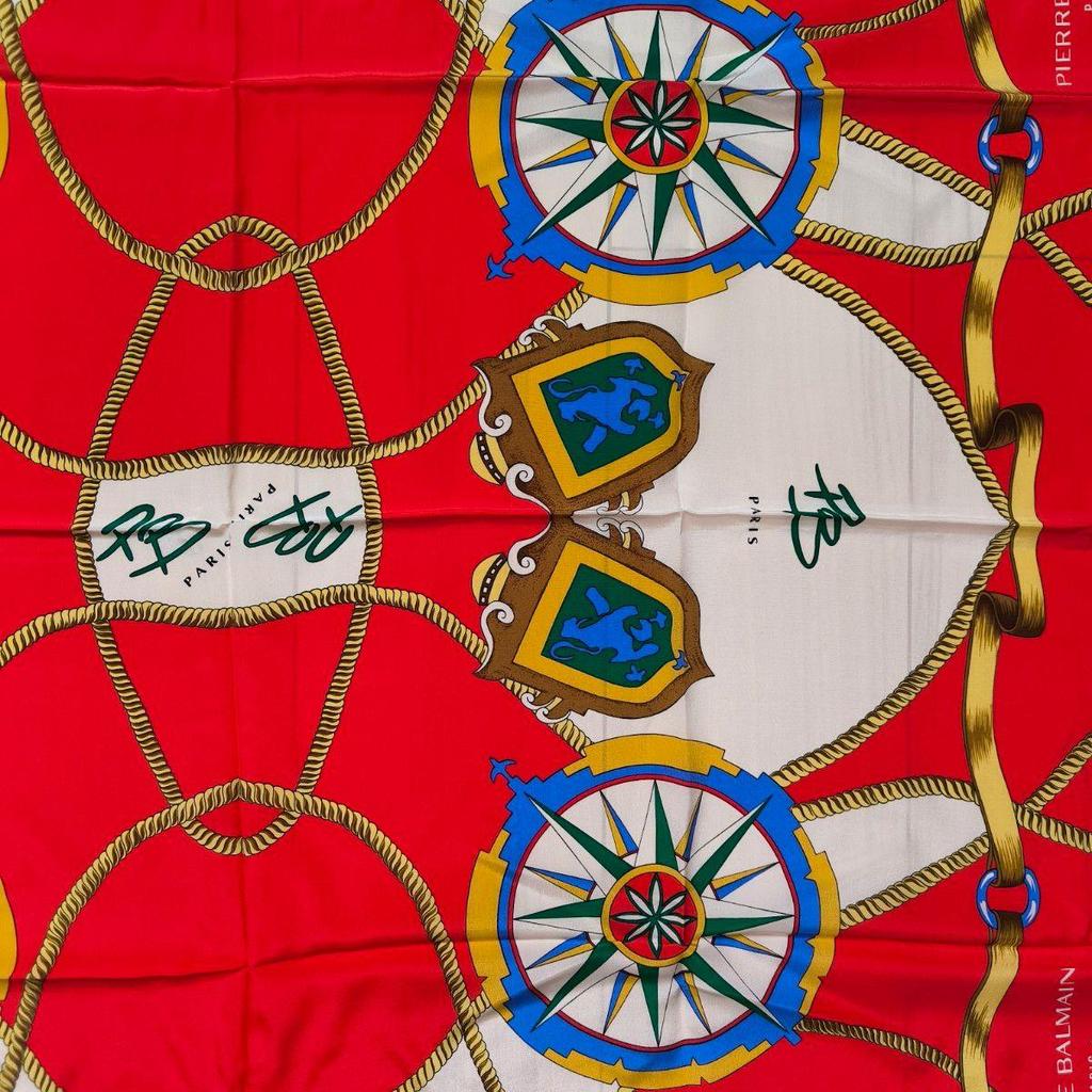 Used [Unused] PIERRE BALMAIN Large Silk Scarf Rope Pattern Red Pierre Balmain Large Scarf Red Equestrian Pattern