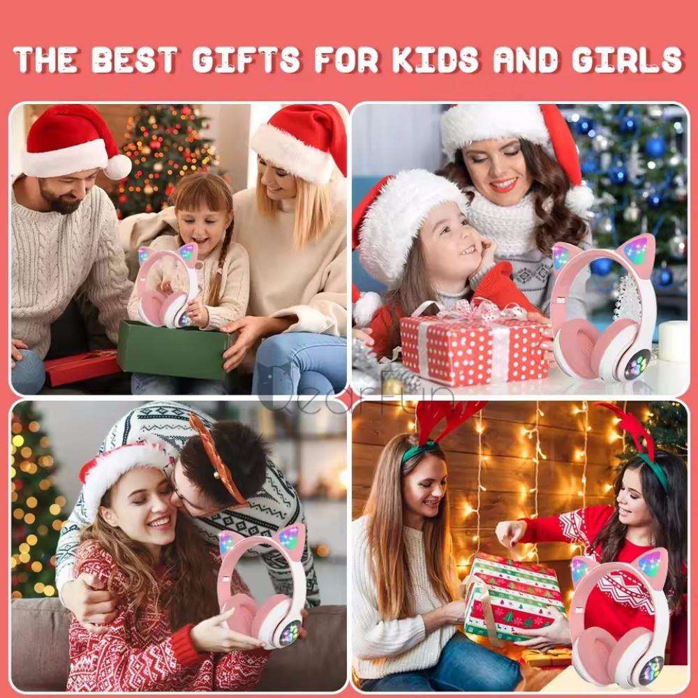 Cute Cat Ear Bluetooth Compatible Headset with LED Wireless Headset Children Girls Stereo Folding Sports Headset with Microphone