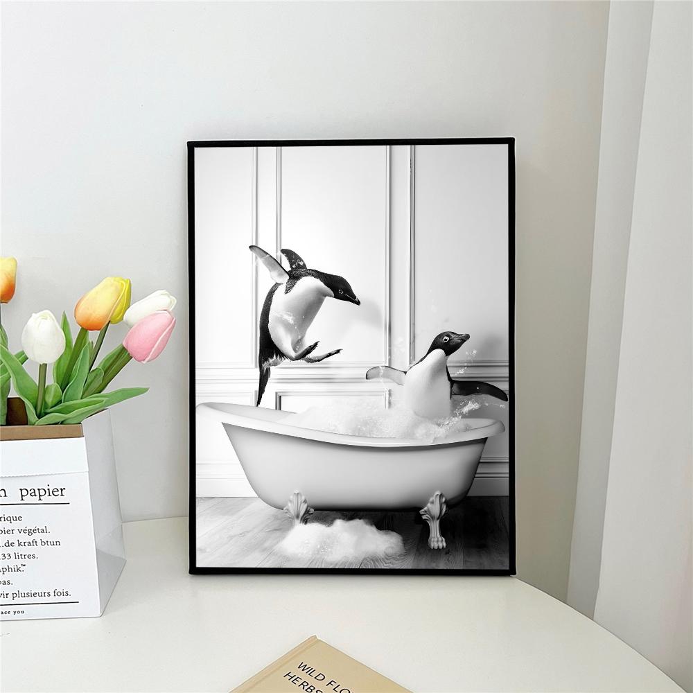 1pc Retro Art Bathroom Animal Poster Self-adhesive Art Poster Waterproof Paper Sticker Coffee House Bar Room Wall Decor