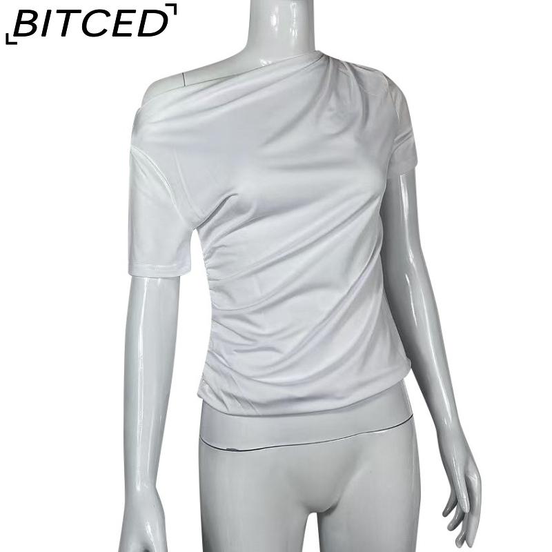 BITCED Spring/Summer Women's Slim-Fit Pleated Asymmetric Hem Short-Sleeved T-Shirt Top