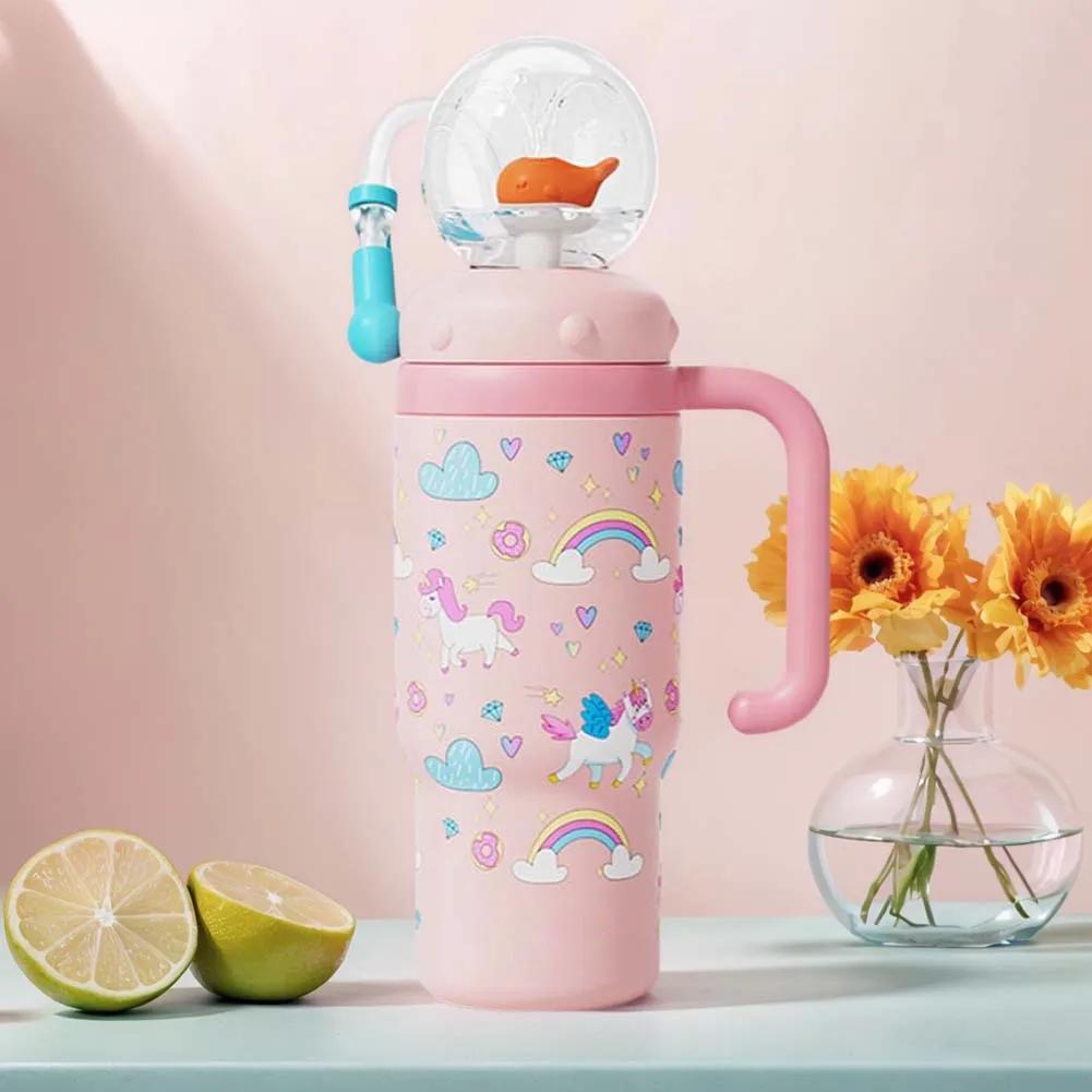 710ML Stainless Steel Whale Fountain Tumbler with Handle with Straw Drinking Cup Leak Proof Vacuum Cup for Baby Teens and Adults