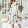 Women’s Casual Crew Neck Three Quarter Sleeve Floral Print Midi Dress Loose Fit Mid Length Everyday Dress
