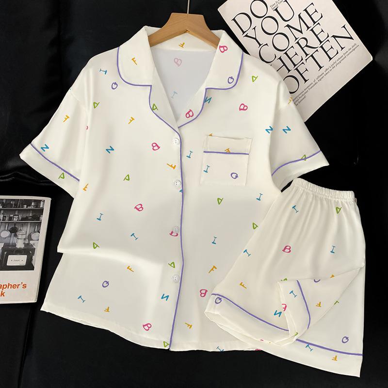 Simple Ice Silk Pajamas Women'S Summer Dopamine Letter Short-Sleeved Suit Lazy Style Loungewear