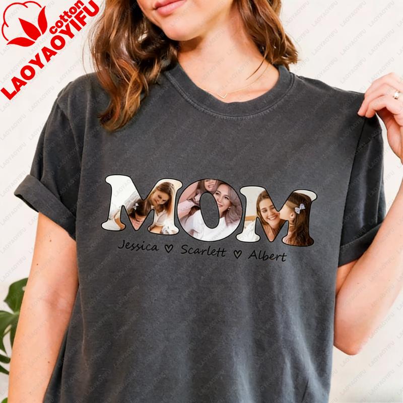 with Kids Names Unique Happy Mothers Day Gift for Family Tee Custom Photo Simple Letters Graphic Tshirts Regular Short Sleeve